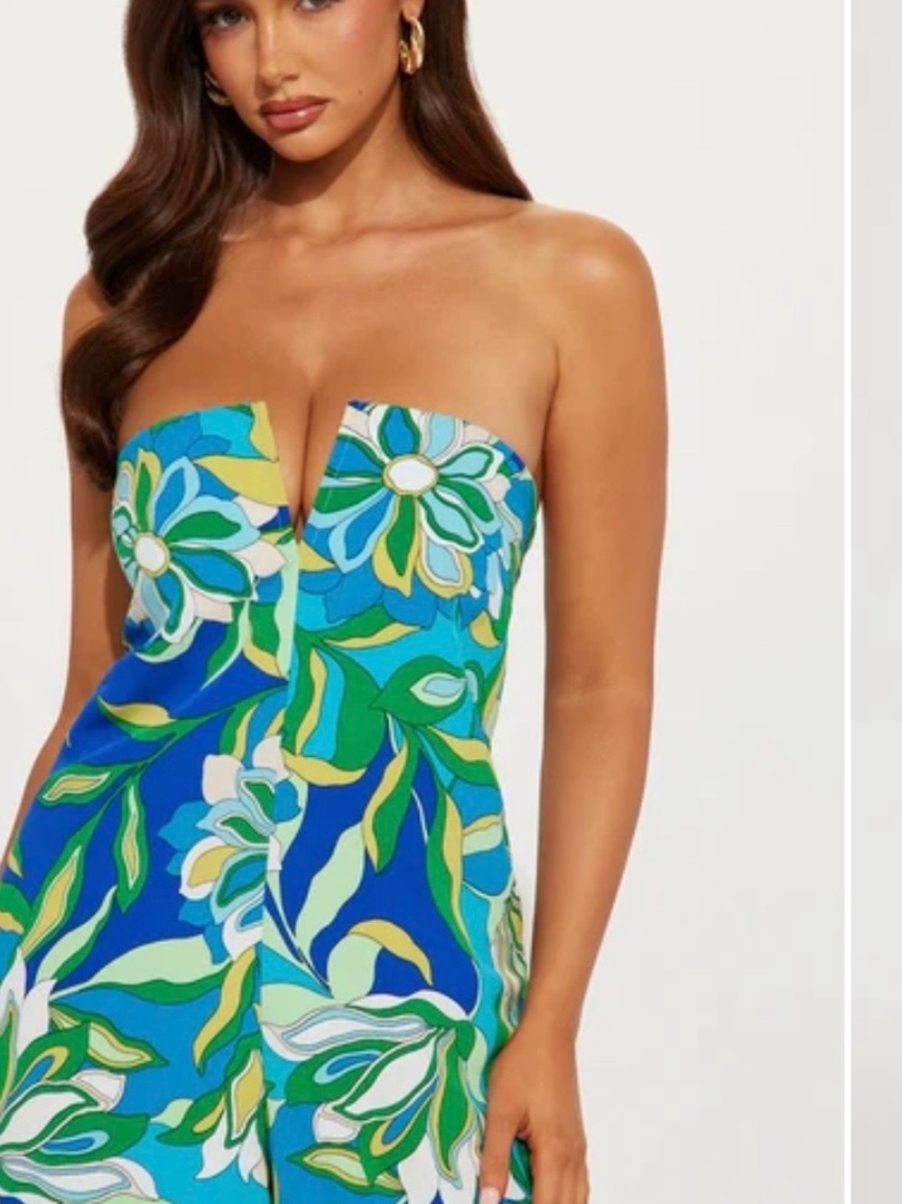 Fashion Nova Strapless Floral Jumpsuit in Blue and Green